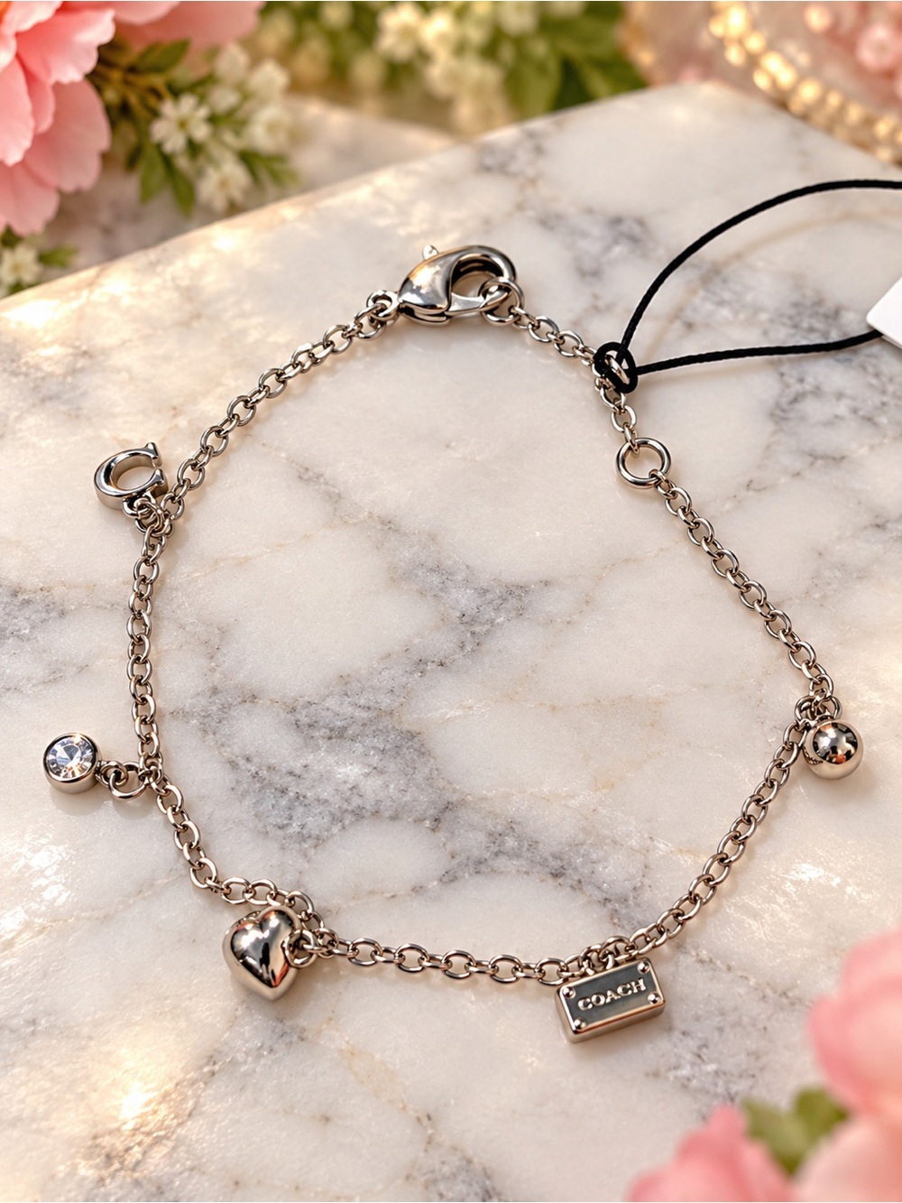Coach Silver Tone 5 Charm Bracelet Heart Crystal NWT